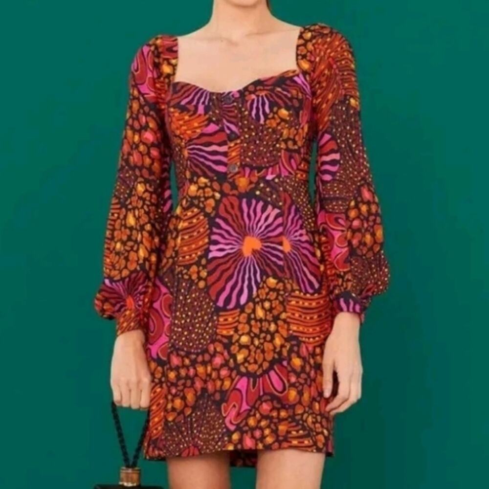 Farm Rio Anthropologie Women’s Leopard Hearts Pink Puff Sleeve Mini Dress Size S